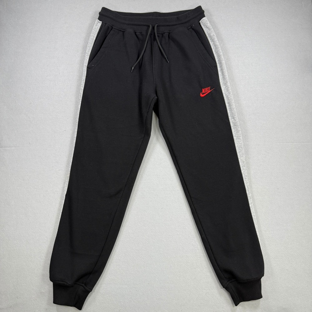 Nike Joggers Men XL Black Gray Stripe Fleece Sweatpants Athletic Gym Red Swoosh